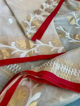 Semi Muslin Jamdani Beige Saree, Festive Red - Saree - Aakritee - S10525